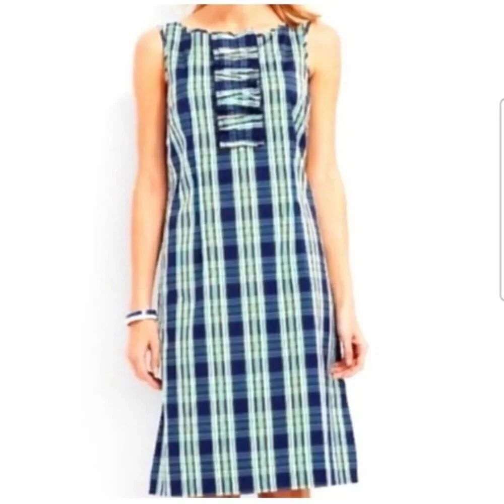 Talbots women’s cotton blend plaid sleepless ruffle front sheet dress 8